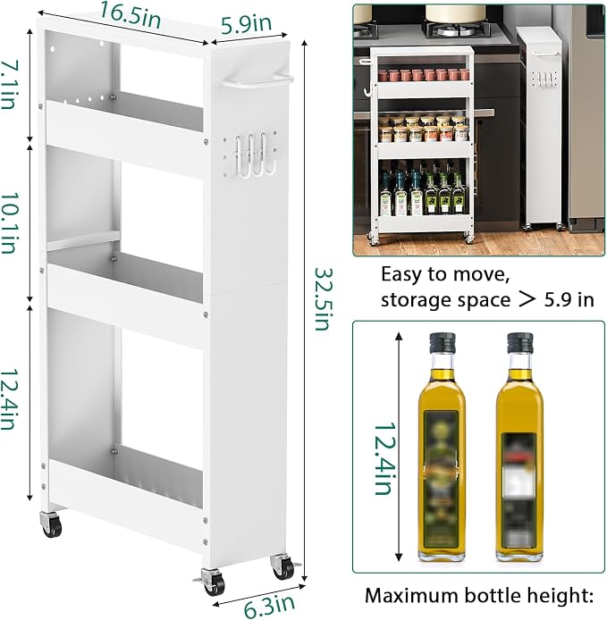 XYZLVSI Slim Storage Cart, Narrow Kitchen Rolling Cart for Small Spaces | 5.9" W skinny storage cart, 12.4" bottom metal utility cart with 360° swivel wheels for bathroom/laundry, slim shelf, white - Image 4