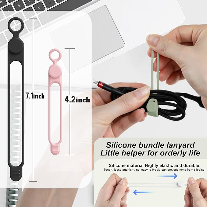 24Pcs Silicone Cable Ties, Cord Organizer Cable Management-2Sizes | Reusable Cord Ties for Electronics, Office Desk Accessories, Home Travel Essentials, Easy to Use, 4.2" and 7.1"-4 Colors - Image 2