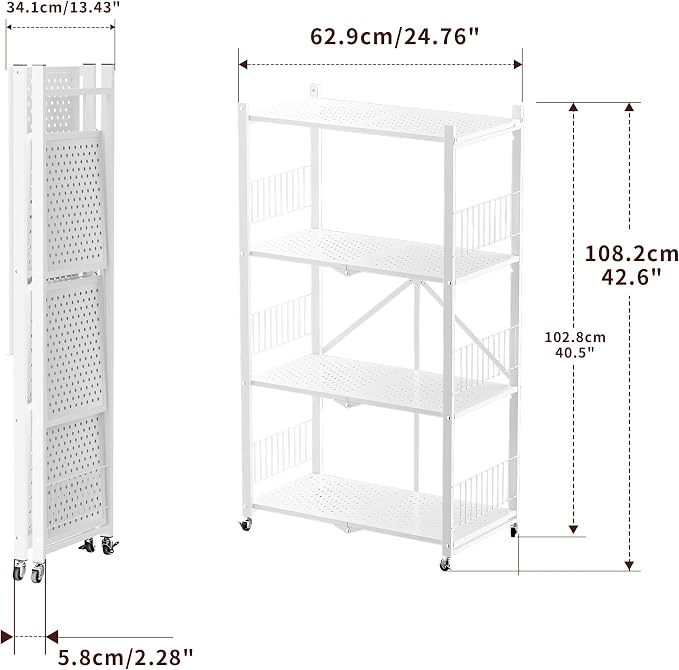 Folding Storage Shelves No Assembly, 4 Tier Foldable Storage Shelves with Wheels, Rolling Collapsible Rack for Pantry Laundry Room Kitchen, White - Image 2