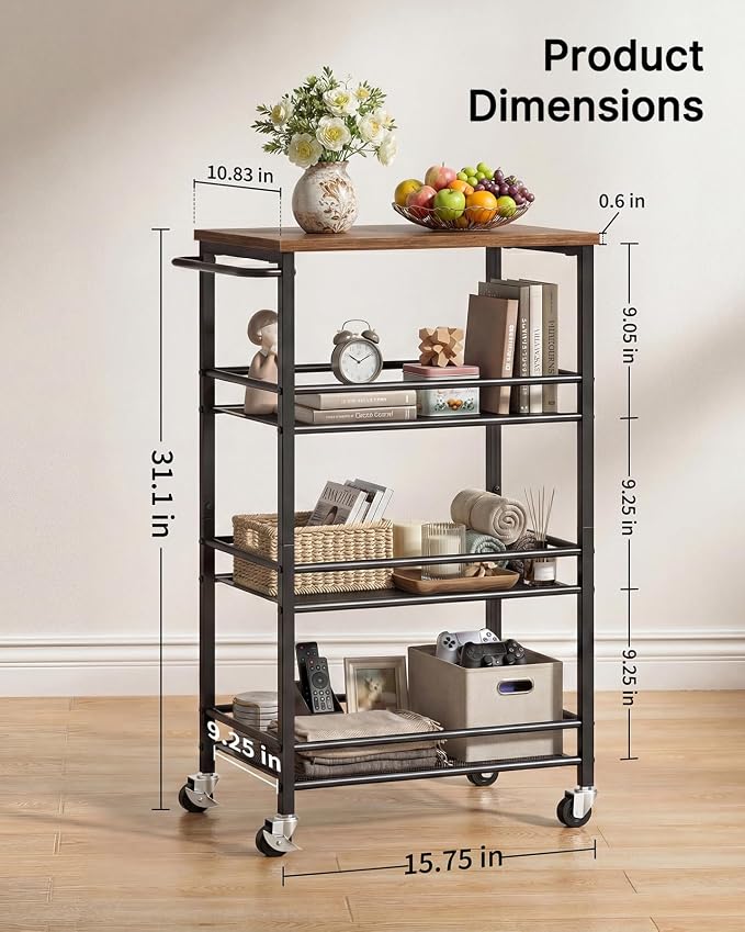 Pipishell Metal 4 Tier Laundry Storage Cart with Wheels, Handle & Wood Top | 10.83" Wide, Larger Storage Spaces, Rust-Resistant Steel, Ventilated Mesh, Anti-Fall Crossbars, 44 lbs Weight Capacity - Image 6