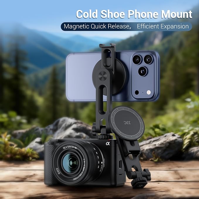 Magnetic Camera Cold Shoe Phone Tripod Mount Holder w Rotatable Cold Shoe | Adjustable Cell Phone Tripod Adapter Attachment with 1/4"-20 Hole for Magsafe iPhone 17 16 15 14 13 12 Pro Max Live Streaming - Image 2
