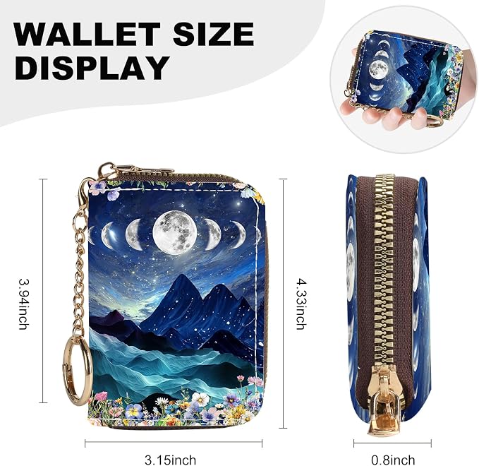 Credit Card Holder for Women,Small Rfid Wallet with Keychain Zipper,Cute PU Leather Card Case Wallet，Accordion Credit Card Wallets Gift,Moon Mountains - Image 4