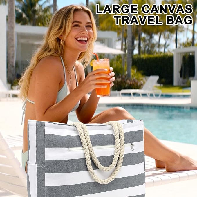 Fammart Beach Bags Waterproof Sandproof for Women, Large Canvas Pool Bag with Leakproof Wet Pocket & Zipper Cruise Essentials - Image 2