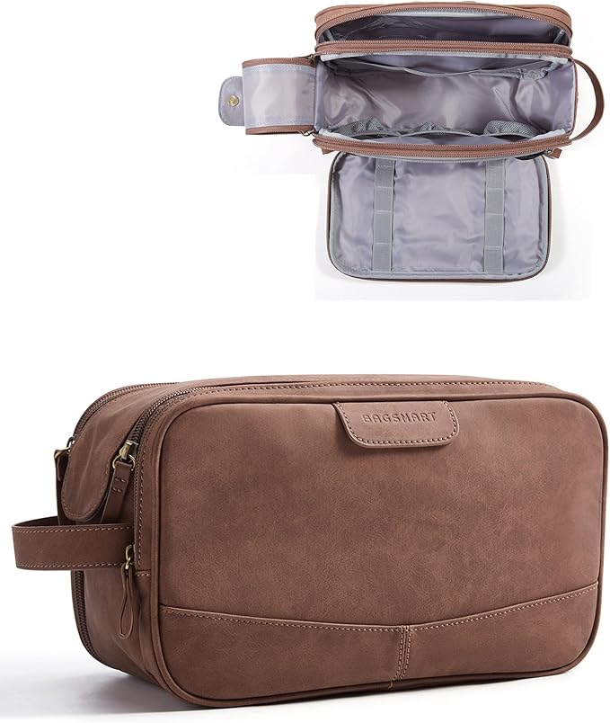 BAGSMART Large Toiletry Bag for Men, PU Leather Water Resistant, Brown | Soft Matte, Travel Bag for Toiletries, Dopp Kit, Shaving Bag for Bathroom Shower by BAGSMART