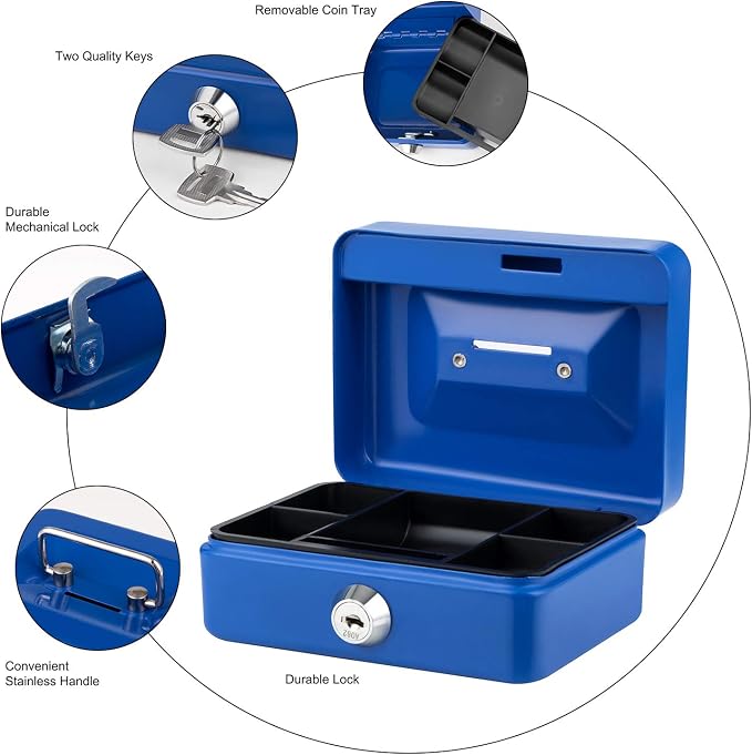Mini Cash Box with Lock and Slot Small Cash Box with Money Tray Metal Piggy Bank Casino Safe Gamblers Lock Box 4.9" x 3.7" x 2.4" Blue - Image 3
