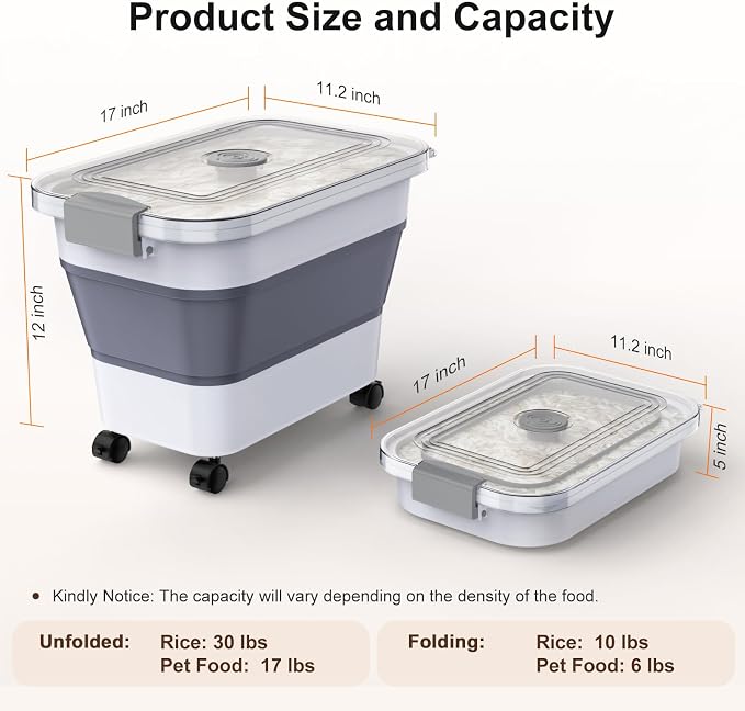 Rice Storage Container, Collapsible Airtight Food Storage Containers 20-30lbs with Clear Lid and Wheels, Rice Dispenser with Scoop for Flour Cereal Pasta Grain, Cat Pet Bird Dog Food Storage Container - Image 4
