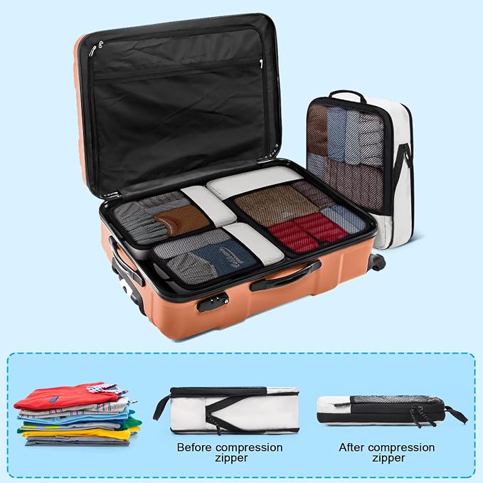 4 PCS Set Compression Packing Cubes for Travel, Lightweight Packaging Organizer Bags for Carry On Space Saving, Travel Essentials Cubes for Suitcase Backpack, Beige - Image 6
