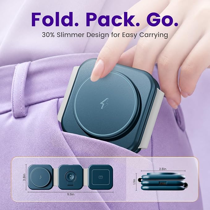 15W Magnetic Travel Charging Station, 3-in-1 Foldable MagSafe Charger | Wireless Charger for Apple Multiple Devices - iPhone Air 17 16 15 14 13 20 Pro Max, Watch & AirPods - Navy Blue - Image 6