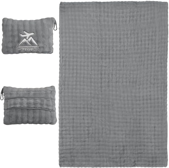 Travel Blanket and Pillow-2-in-1, Ultra-Soft&Compact,Airplane Blanket with Hand Luggage Belt and Backpack Clip,Travelers Accessories Gifts, 61x43 Inches（Gray） by Unknown