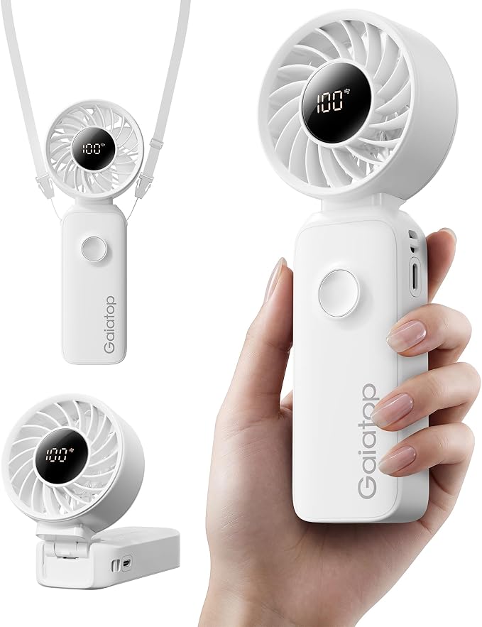Gaiatop Portable Handheld Fan, Quiet 3 IN 1 Neck/Desk/Hand Fan | Max 18 Working Hours, 5 Speed Rechargeable Battery, Cooling for Travel, Beach, Women/Men Outdoor Activities Gifts White by GAIATOP
