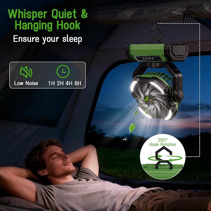 UUYEE Camping Fan Rechargeable, Large Capacity Battery Powered Fans - Green | LED Light, 4-Speed, Cordless, Hanging Hook, 270° Adjustable, Quiet, Lightweight, Battery Operated Fan for Tent Beach Outdoor - Image 5