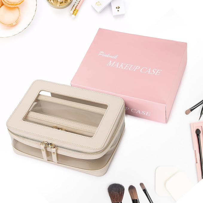 Pinkmik Clear Makeup Bag with Brush Case, (Beige, M+SLIM-1) | 2PC,Travel Toiletry Bag, Waterproof, Cosmetic Organizer, Car Essentials for Women - Image 7