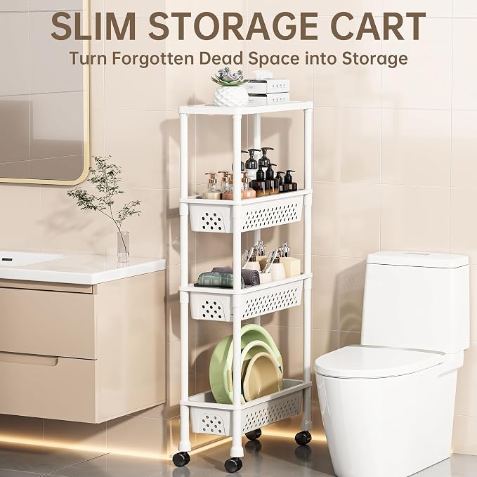 Slim 4 Tier Rolling Storage Cart Narrow Bathroom Organizer on Wheels White | 6.7" wide for tight bathroom/kitchen gaps, extra-tall tier, 360° casters, quick-dry shelves, tool-free storage rack - Image 4