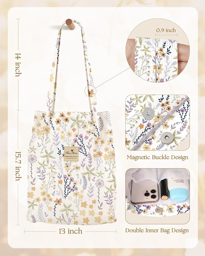 Miss Adola Corduroy Tote Bag for Women with Aesthetic Design | Magnetic Buckle & Pocket, Reusable, Soft, Roomy, Long Shoulder Handles, Double-sided Print, Casual Daily Work, Grocery Bags - Image 5