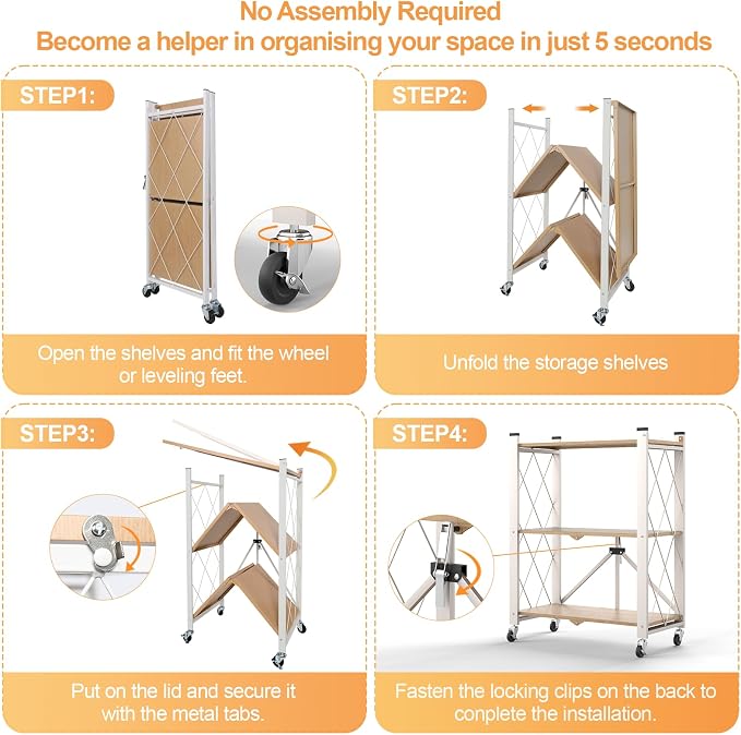 3 Tier Folding Shelf with Wheels, Metal Steel Collapsible Shelves | No Assembly, Portable Folding Storage Shelves, Rolling Standing Utility Rack for Kitchen, Office, Bedroom, Natural - Image 9