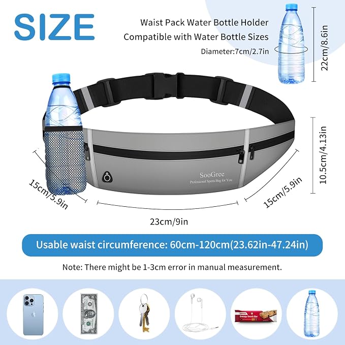 SooGree Slim Running Belt Sport Fanny Pack for Women Men,Outdoor Reflective Waist Pack Runner Pouch Belt, Zipper Waterproof Running Phone Holder Jogging Pouch for Phone Money Belt Waist Bag (Gray) - Image 2