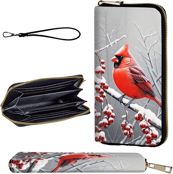 Wallet,Leather Long Wallet Suitable For Ladies And Teenagers - Detachable Wristband + RFID Travel Wallet With Card Slot - Cardinal in Snow by Unknown
