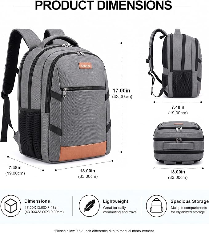 Amovee Computer Backpack 17.3 Inch, Water Resistant Laptop Travel Bag with Chest Strap & Padded Back Support, Anti-Theft Work Bookbag for Women Men, Sturdy Daypack for College Office & Daily Commute - Image 3