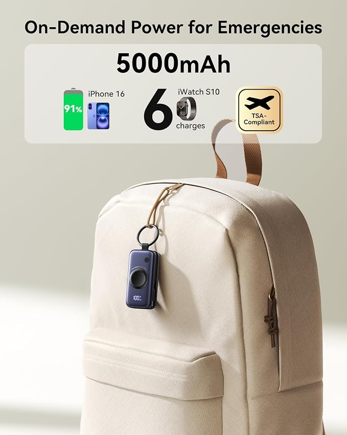 INIU 20W SnapGo Portable Charger, 5000mAh Mini Power Bank for Apple Watch | 20W Fast Charging, Travel Keychain, Built-in USB-C Cable, Flight-Safe, Battery Pack for Apple Watch, iPhone 17 etc, Pink - Image 6