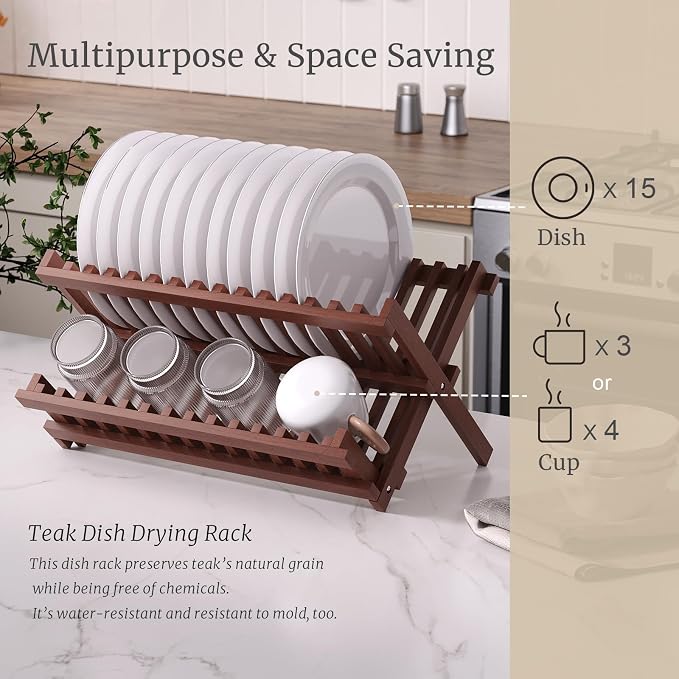 VERTORGAN Teak Dish Drying Rack,Folding Drainer for Kitchen | Foldable Spice Rack,Pantry Organization and Storage,Ventilation Hole,Quick-dry design,Space-saving fold,Multi-scene versatile - Image 3