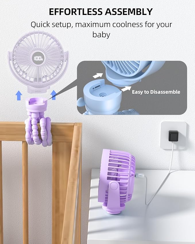 buywoo Portable Stroller Mini Fan, Small Rechargeable Personal Fan, Travel Essentials for Baby, Wagon, Car Seat, Treadmill, Battery Powered Biking Gear Accessories, 360° Rotation, 3-Speed, Display - Image 6