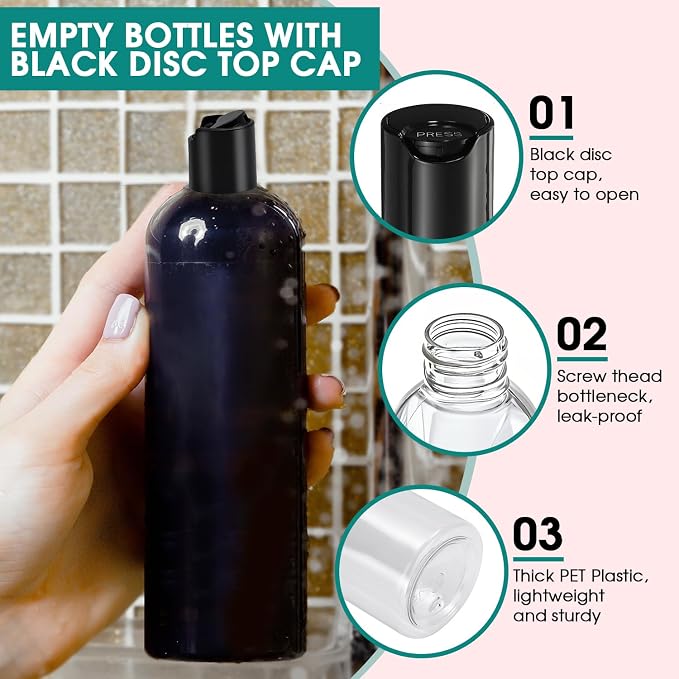 12Pcs 16oz Clear Plastic Refillable Travel Bottles with Black Disc Top Caps | Squeeze Empty Shampoo Bottles, For Shampoo and Conditioner, For Lotions, Body Soap Cream, Cosmetic Containers - Image 4