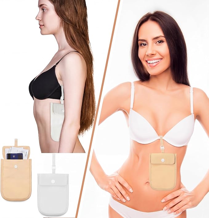 2 Pieces Travel Bra Wallet for Women Hidden Bra Wallet Pickpocket Proof Under Clothes Money Belt Pouch Secret for Passport Money Valuables(4 x 5.4 Inch,Nude, White) - Image 4