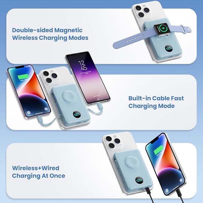 Magnetic Portable Charger 10800mAh with Built-in Cables,Wireless Power Bank,25W PD Fast Charging USB-C Travel Essentials Battery Pack for iPhone 17/16/15/14/13/12 Series,Apple Watch-Light Blue - Image 3