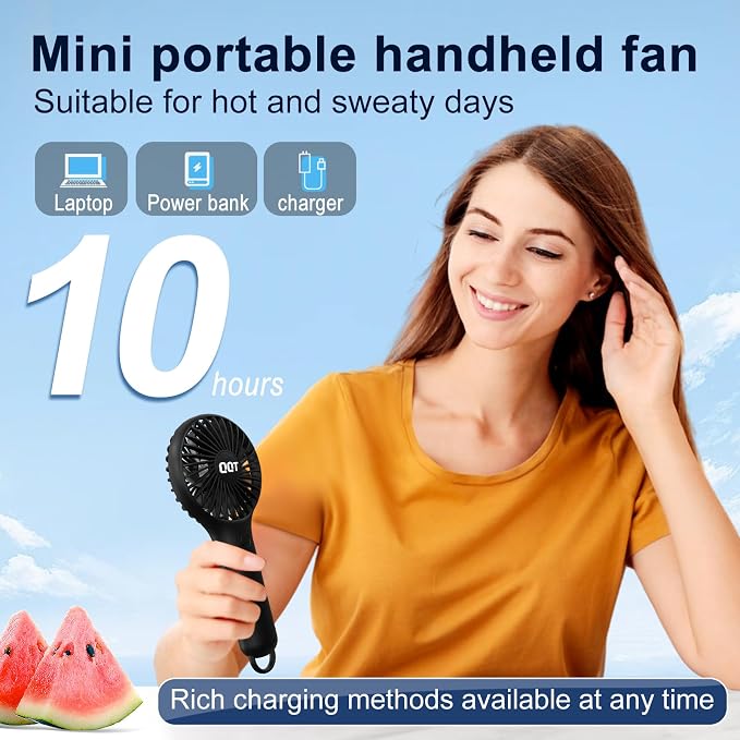QQT Mini Handheld Fan, Small Personal Cooler with 3 Speeds, Portable Battery Operated, USB Rechargeable Makeup Eyelash Dryer, Strong Airflow for Travel, Office, Outdoor, Women, Men, and Kids (Black) - Image 5