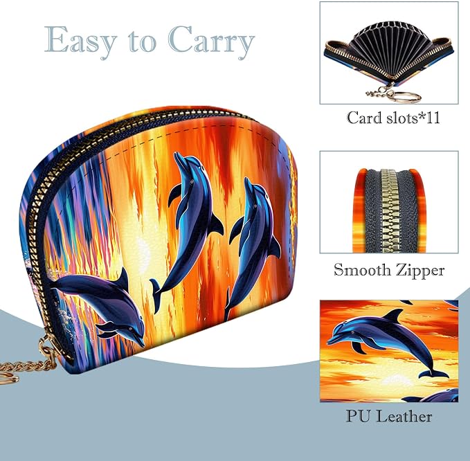 Women's Slim RFID Wallet – Compact Leather Card Holder Wallet for Women, 9 Card Slots RFID Blocking Credit Card Organizer, Small Travel Wallet - Dolphin Jumping Ocean Sunset Beach - Image 4