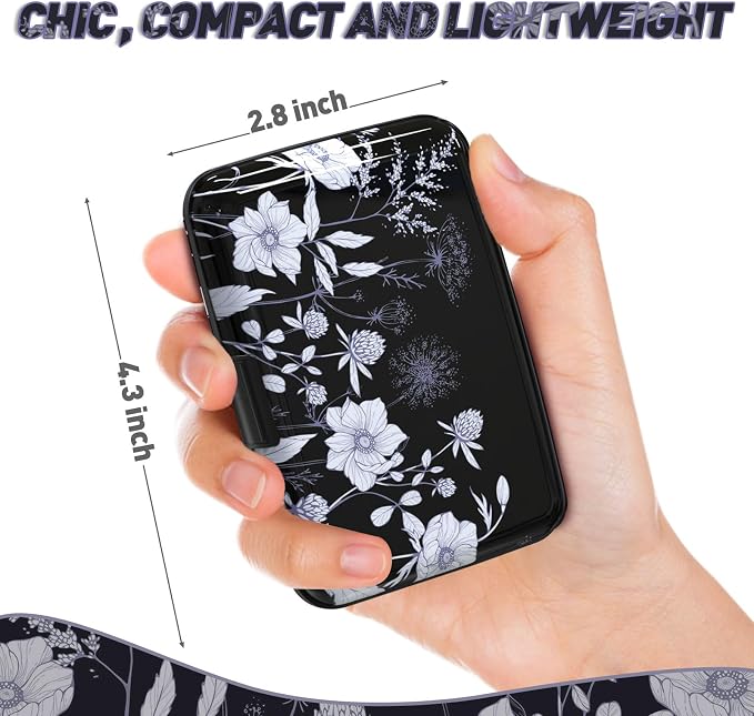 Credit Card Holder, Mini RFID Small Aluminum Card Wallet Business Card Case | Blocking Slim Metal RFID Blocking Front Pocket Wallet Hard Case Durable CC Holder for Women Girls, Black White Floral - Image 3
