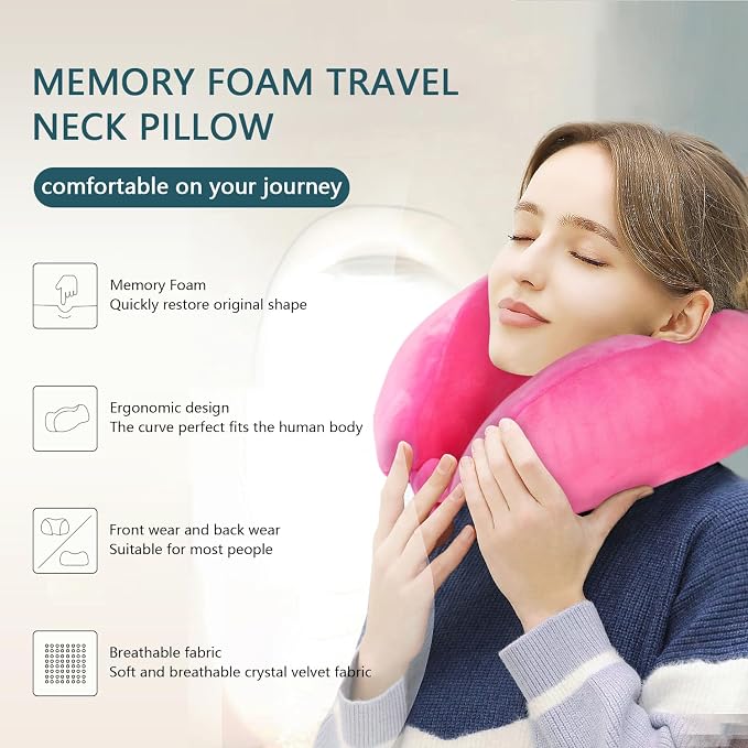 Neck Pillow Soft Memory Foam Travel Pillow Rose Red | Portable U Shaped, Headrest Neck Support, For Airplanes Sleeping, Office Trains Cars Camping Use - Image 4