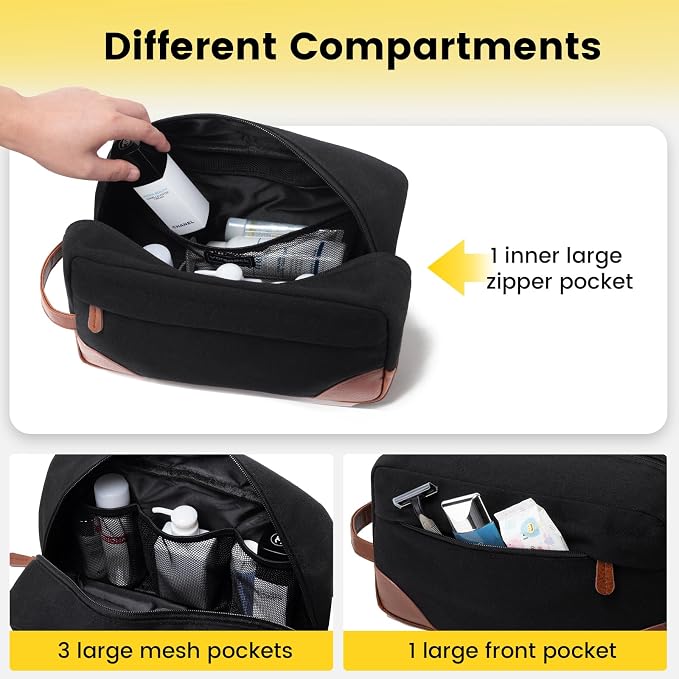 Vorspack Canvas Travel Toiletry Bag for Men, Large, Black | Water-Resistant Travel Bag for Toiletries, Large Capacity, Organized Compartment, Suitable for Shaving, Grooming, Accessories - Image 3