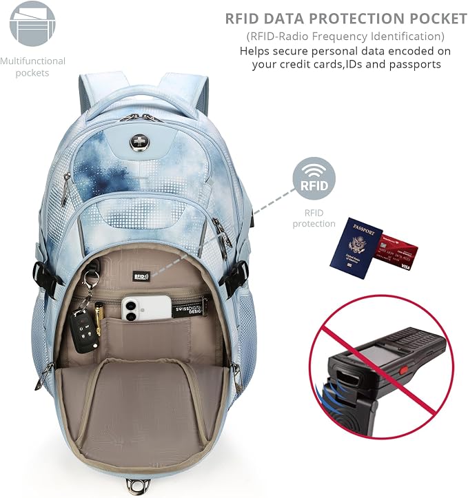 Swissdigital Laptop Backpack with USB Charging Port, 31l Backpack for Men | USB Charging Port, 31l, Travel Backpack, Polka Blue SD803-105 - Image 2
