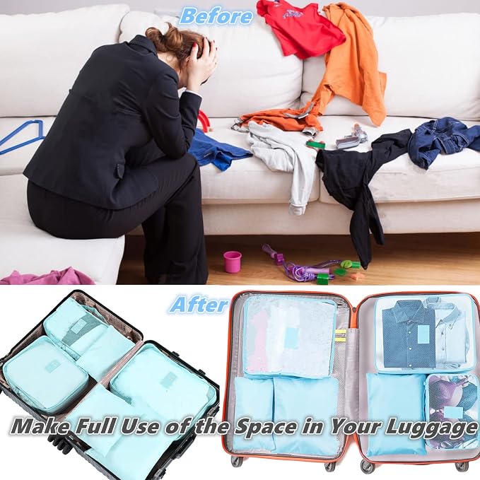 6 PCS Travel Luggage Organizer Bags, Packing Cubes Compression, Storage Bags Organizers, Laundry Pouches for Backpack Suitcases Clothes Underwear (Light Blue) - Image 5