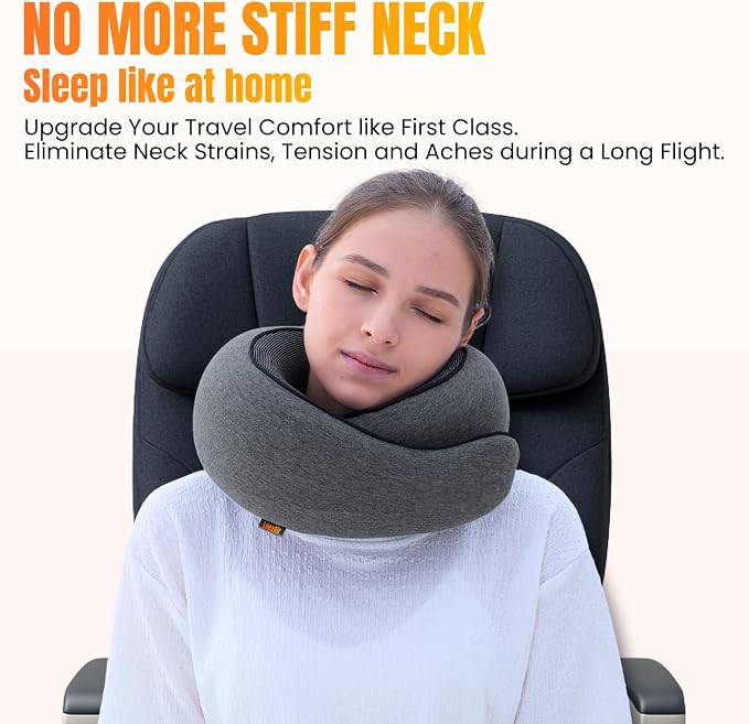 LOEXAIR™ Travel Pillow, Neck Pillow Travel for Airplane, Car - 100% Cotton Fabric & Memory Foam Plane Pillow, Lightweight & Easy-to-Carry on Flight, Full Travel Set (Eye Mask, Earplugs) - Dark Grey - Image 3