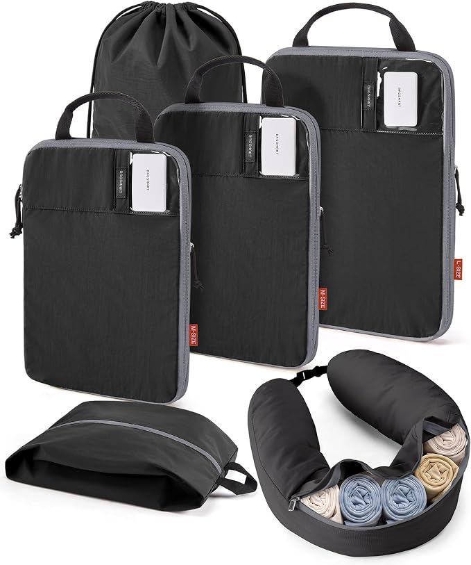 BAGSMART Compression Packing Cubes with Fillable Neck Pillow for Clothes | 1 Wearable Neck Pillow & 5 Travel Bags to Avoid Baggage Fees, Durable, Tear Resistant Washable Taslan Fabric with Card Slots by BAGSMART