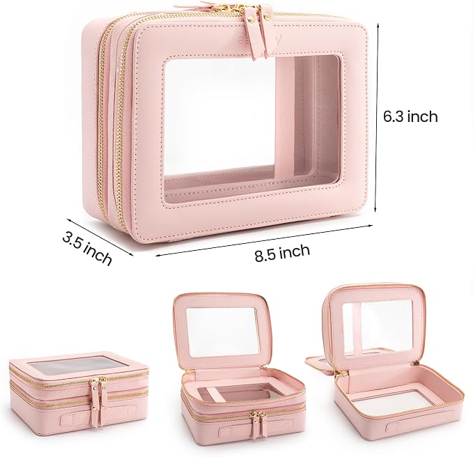 Aveniee XL Clear Makeup Organizer,Double Layer Travel Cosmetic Case with Brush Holder & Zippered Compartments, Large Toiletry Bag Train Case for Women.2 Layers, Pink - Image 2