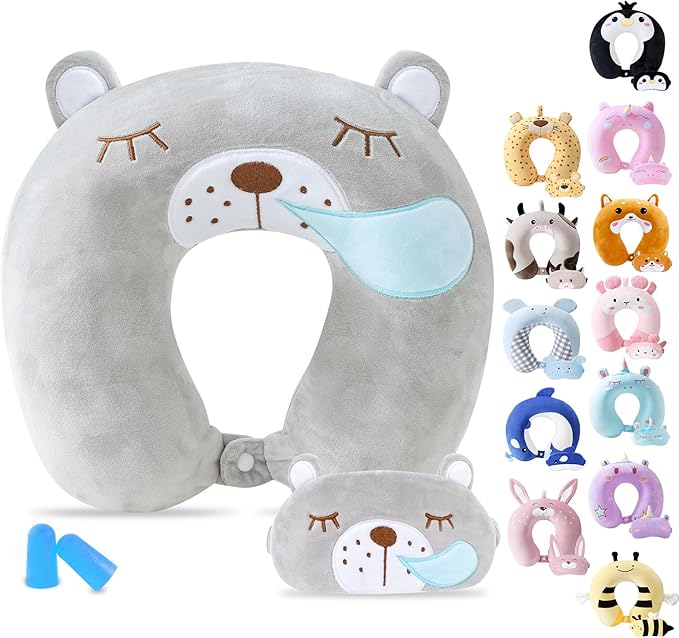 Cirorld Travel Pillow for Kids Adult Cute Neck Pillow for Traveling Memory Foam Airplane Pillow Sleep Mask Animal Flight Pillow Head Rest Neck Support for Cars Long Flights (Bear, 9-12 Y/O) by CIRORLD