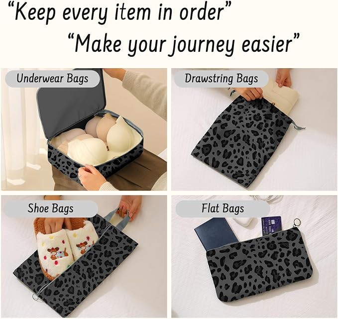 9 Set Packing Cubes for Travel Essentials - Lightweight Carry-On Luggage Organizer Bags with Shoe, Clothes & Laundry Bags for Airplane, Family & Business Travel, Gray leopard print - Image 5