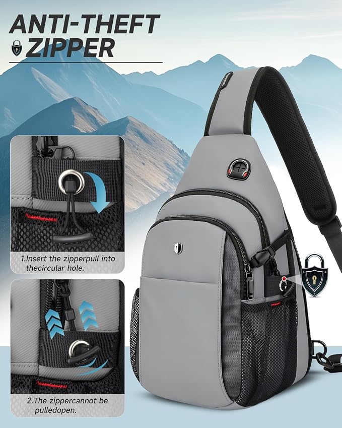 Expandable Sling Bag for Men, Anti-Theft Chest Pack with Water Bottle Pocket & Earphone Port, Crossbody Backpack for Hiking, Travel & Outdoor, Fits Switch 2, 11 Inch iPad, Grey | Mens Crossbody Bag - Image 6