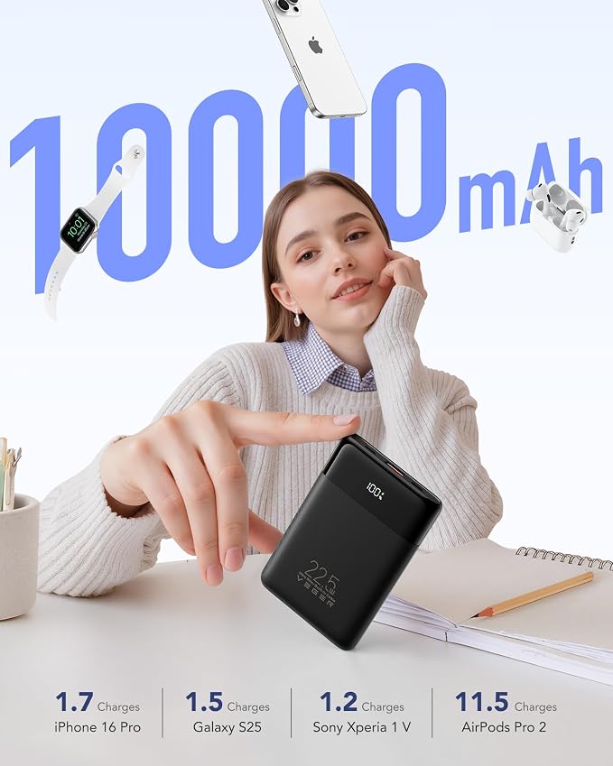 VEGER 10000mAh 22.5W Fast Charging Portable Charger with Built-in Cables | 0.4lb Slim USB C Power Bank, Small Battery Pack for iPhone 17/16/15/14/13 iPad Samsung, Flight Safe, Travel Essential, Black - Image 8