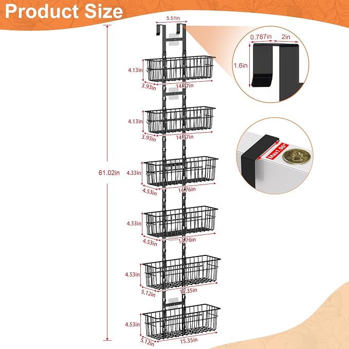 Hongtamoya Over The Door Organizer, Adjustable Hanging Door Organizer with 6 Wire Baskets 5 Hooks, Metal Behind The Door Storage for Pantry Closet Bedroom Bathroom Cabinet Kitchen Laundry Room, Black - Image 2