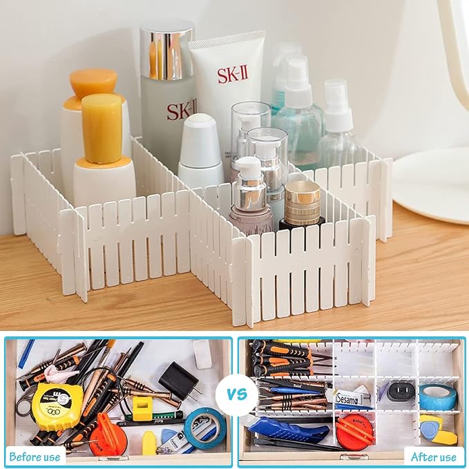 16Pcs Drawer Dividers, Adjustable Drawer Organizer for Socks, White | For Tidying Cutlery, Makeup, Clothes and Dresses in Drawers, Desks and Storage Boxes for Kitchen, Bathroom, Bedroom & Office - Image 3