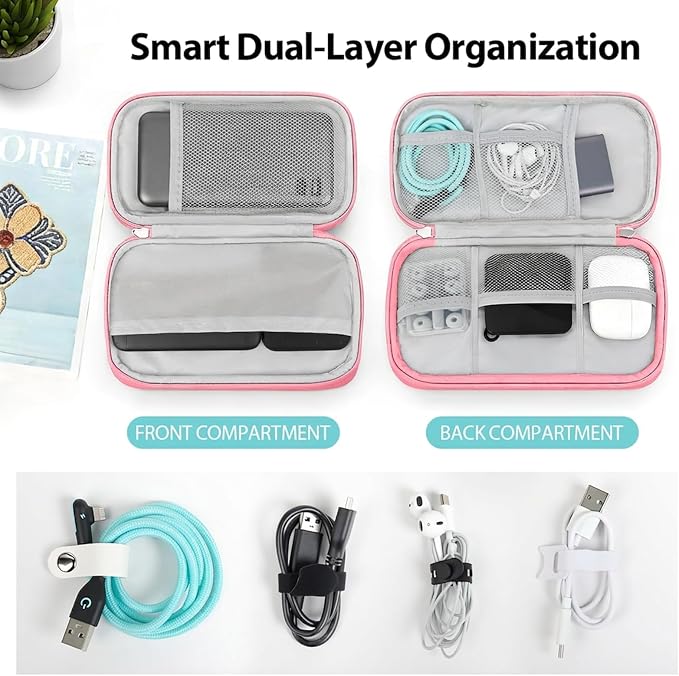 Double Layer Electronics Organizer Bag, Sakura Pink | Water-resistant PU leather travel pouch. Features 8 anti-tangle compartments for 3ft+ cords & chargers. Includes 8 ties. - Image 3