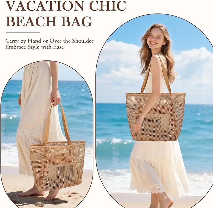 Fammart Mesh Beach Bag for Women, Summer Straw Tote Hobo Pool Bags with Zipper Pocket, Travel Vacation Cruise Essentials 2026 - Image 3