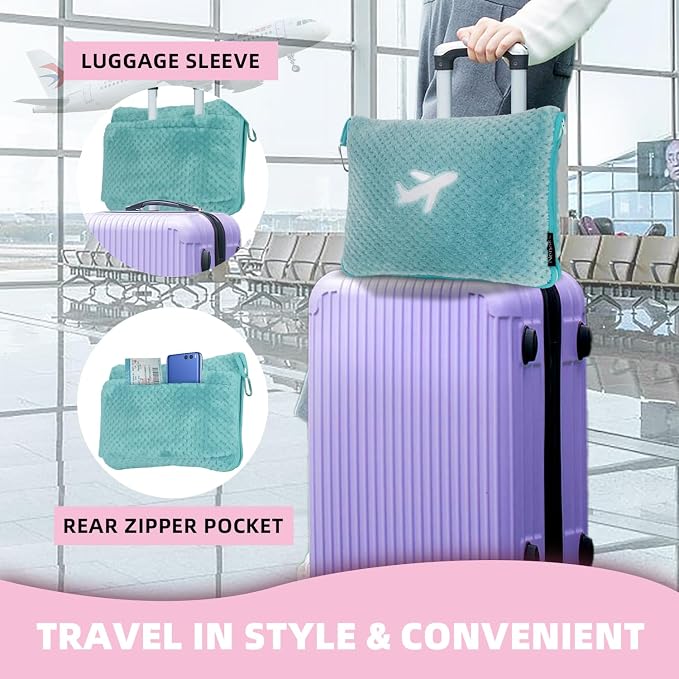 3 in 1 Travel Blanket Pillow Set - 350 GSM Thick Travel Blanket Airplane Compact with Bag, Soft Bag with a Pocket, Inflatable Travel Pillow for Camping & Car Trip(Mint Green) - Image 4