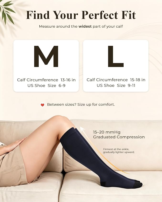 Compression Socks for Women 15-20 mmHg, Viscose from Bamboo, 3-Pair Knee High for Flying, Work & All-Day Comfort - Image 6