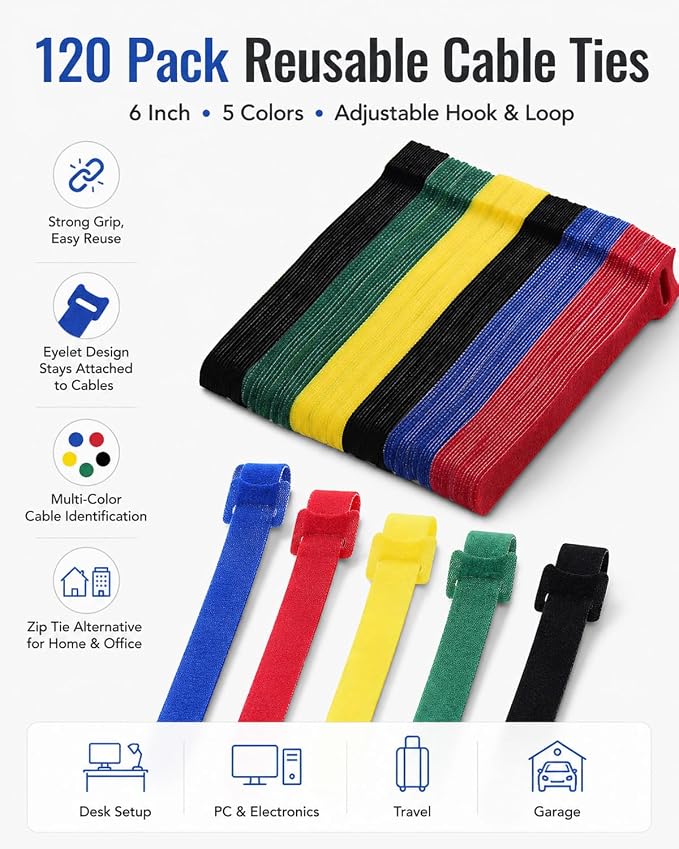 120 PCS 6 Inches Reusable Cable Ties, 5 Colors Adjustable Cord Organizer, Hook and Loop Wire Ties for Cable Management, Multi-Purpose Cord Wraps for Home, Office, and Desk - Image 5