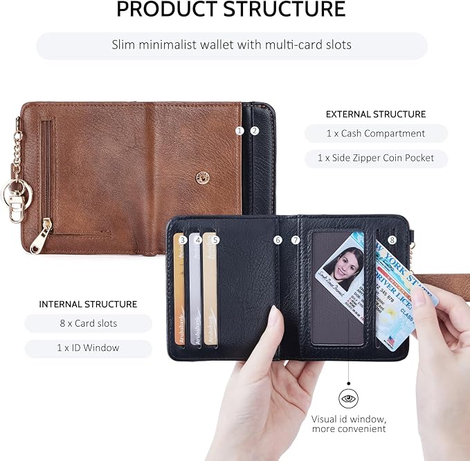 POIUGOYA Slim Wallet for Women,RFID Blocking Bifold Credit Card Holder with Zipper Coin Pocket,ID Window,Keychain - Image 5